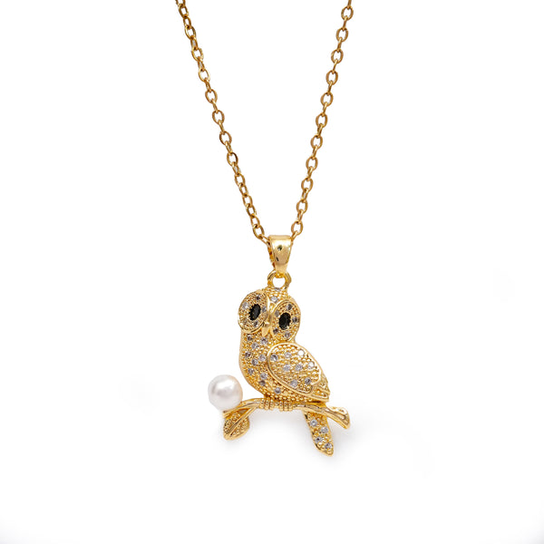 Golden Owl Pearl Pendant with Chain