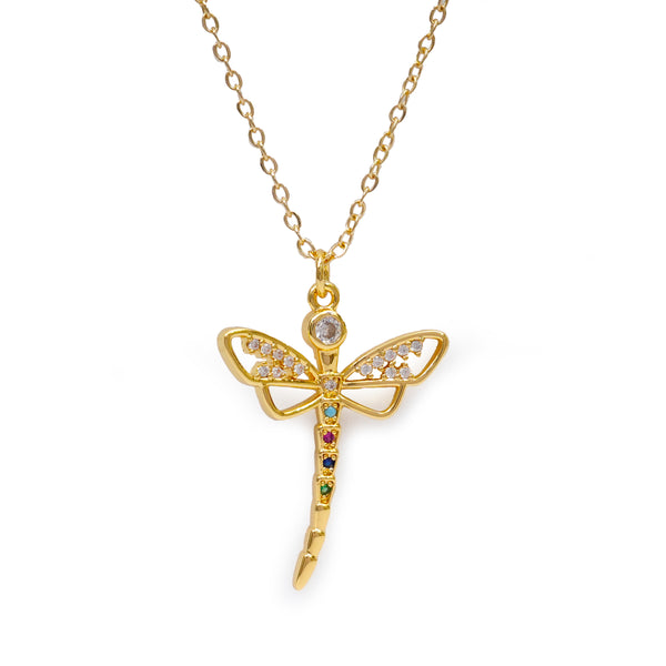 Golden Dragonfly Single Stone CZ 18k Plating Pendant
