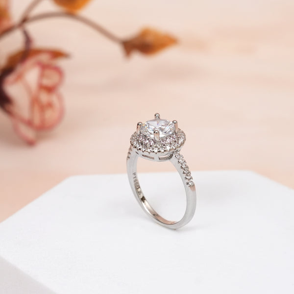 Silver Round Middle Pink Stone CZ Ring
