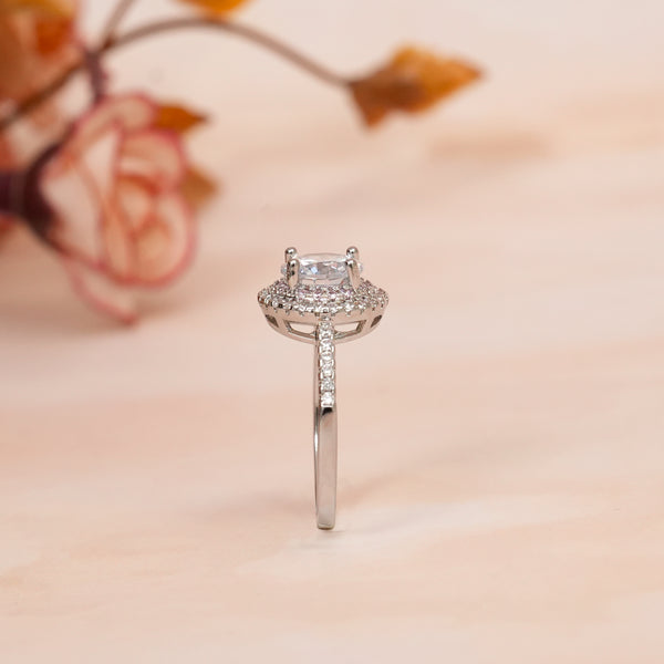 Silver Round Middle Pink Stone CZ Ring