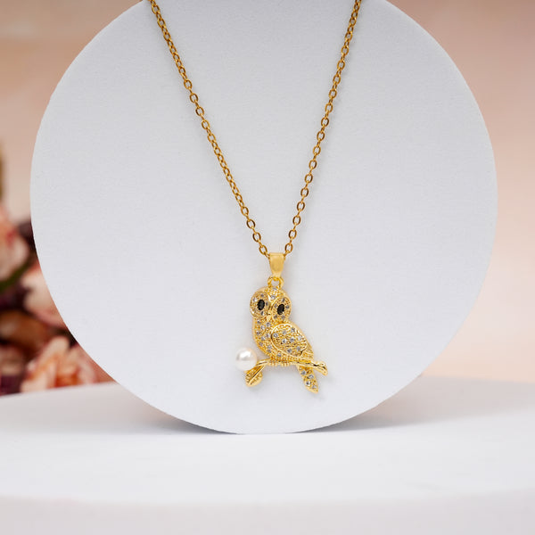 Golden Owl Pearl Pendant with Chain