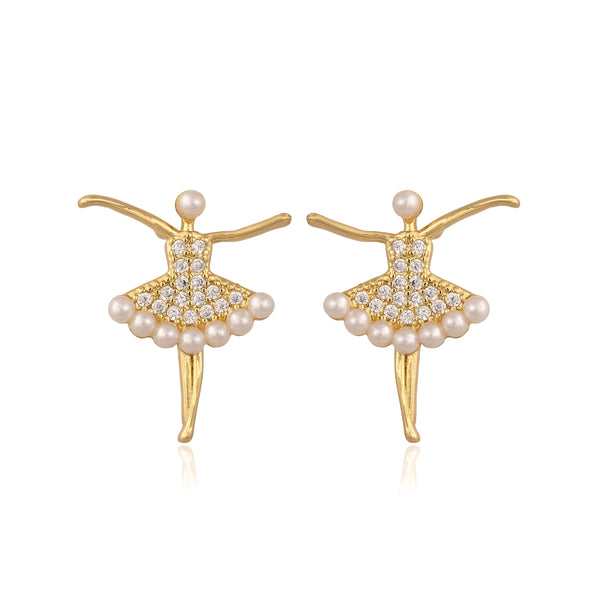 Gold Plated Pearl Dancing Girl Ear Studs