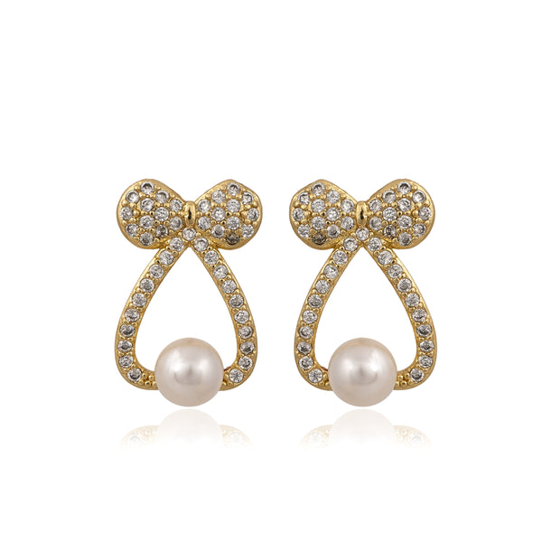 Gold Plated Bow Knot Pearl Zircon Ear Studs