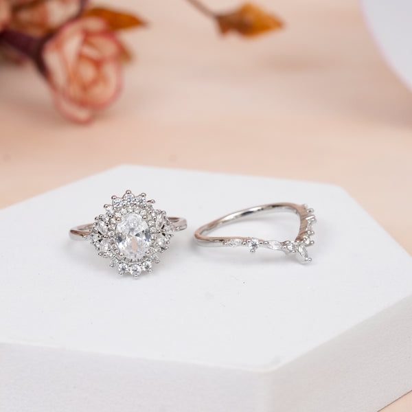 Silver Geometric Design CZ Ring Set of 2