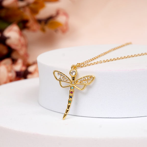 Golden Dragonfly Single Stone CZ 18k Plating Pendant