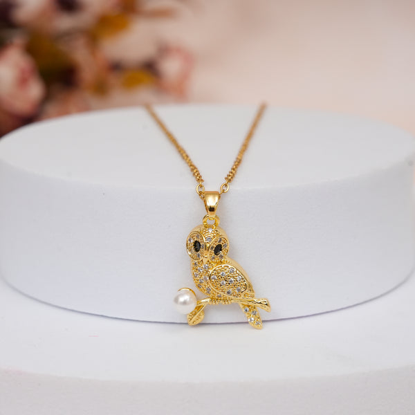 Golden Owl Pearl Pendant with Chain