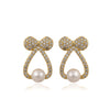 Gold Plated Bow Knot Pearl Zircon Ear Studs