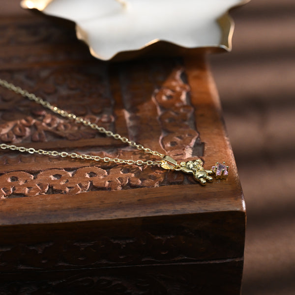 Golden Little Bear Pink Star Zircon Pendant